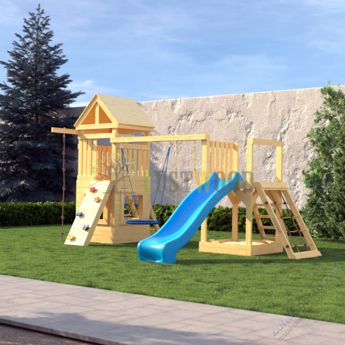 Детская деревянная игровая площадка для улицы дачи CustWood Scout S9 с деревянной крышей