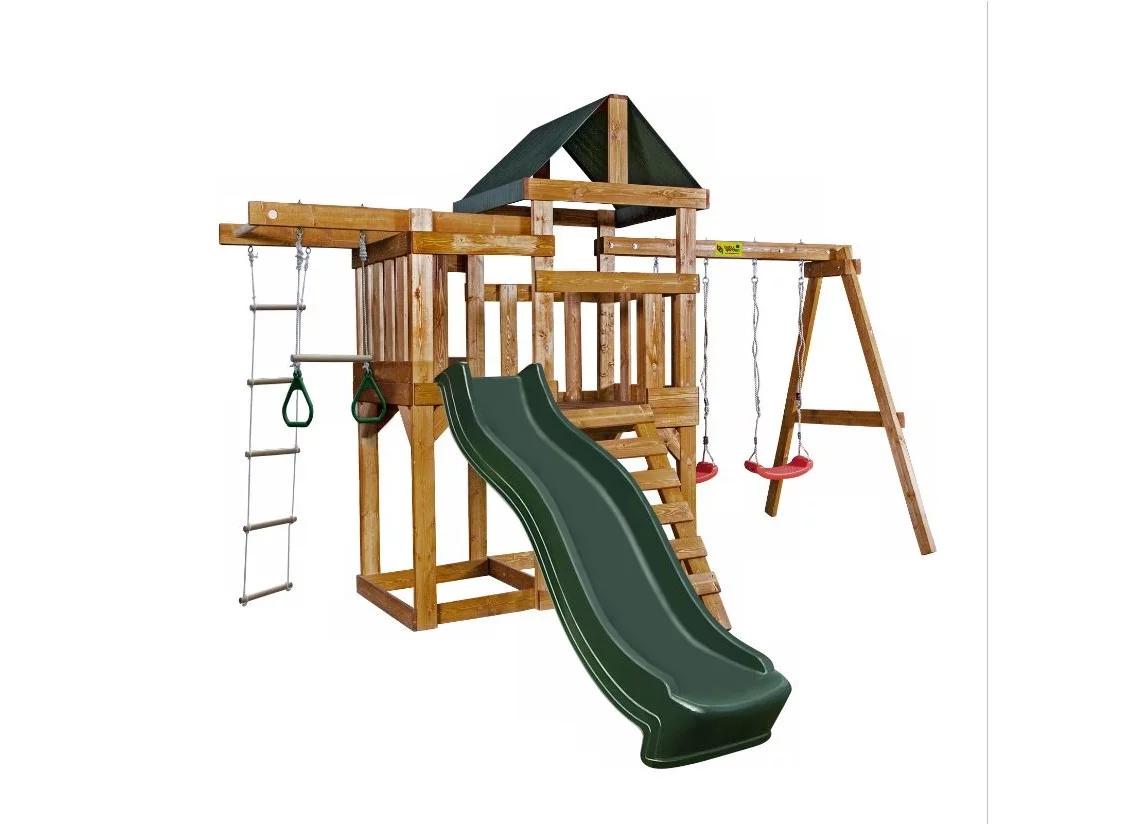 Детская игровая площадка BabyGarden Play 6 DG с турником, веревочной лестницей, кольцами и темно-зеленой горкой 2,20 метра