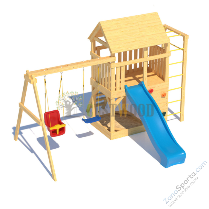 Детская деревянная игровая площадка для улицы дачи CustWood Scout S4+ с большой деревянной крышей